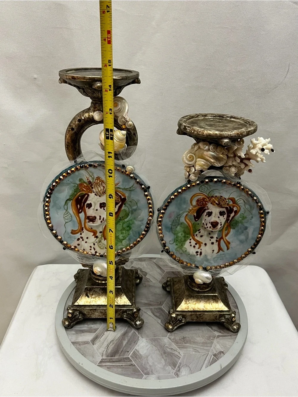 Set of 2 Coastal Dalmatian Dog Seashell Jeweled Candle Holders Sculptures